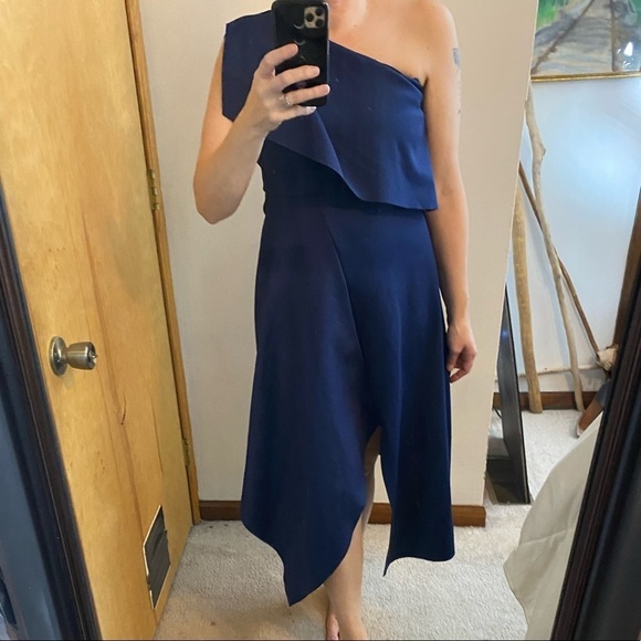 Topshop Ruffle One Shoulder Asymmetrical Hem Blue Scuba Dress - Picture 5 of 16